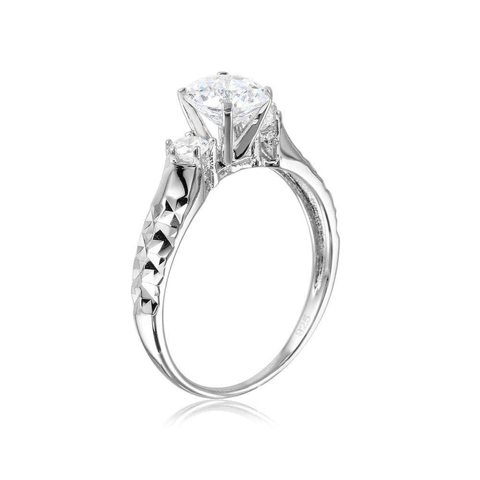 Rhodium Plated 925 Sterling Silver Moissanite or CZ Center Stone Ring with Hammered Shank - MGMR00109