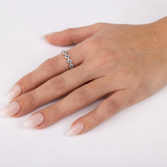 Rhodium Plated 925 Sterling Silver Moissanite or CZ Clover Band with Blue Stones - MGMR00129S