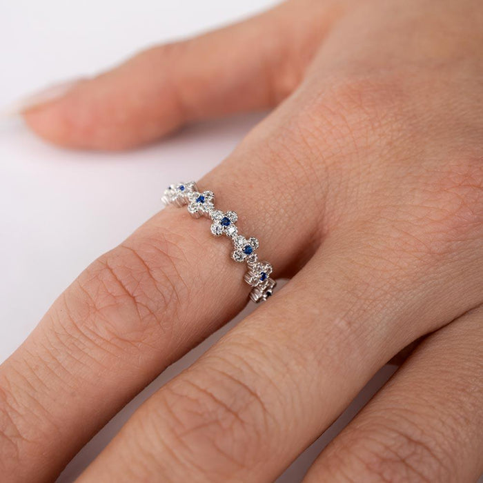 Rhodium Plated 925 Sterling Silver Moissanite or CZ Clover Band with Blue Stones - MGMR00129S