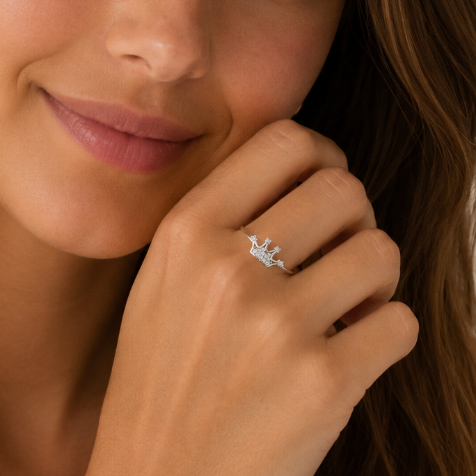 Rhodium Plated 925 Sterling Silver Moissanite or CZ Crown Design Ring - MGMR00373
