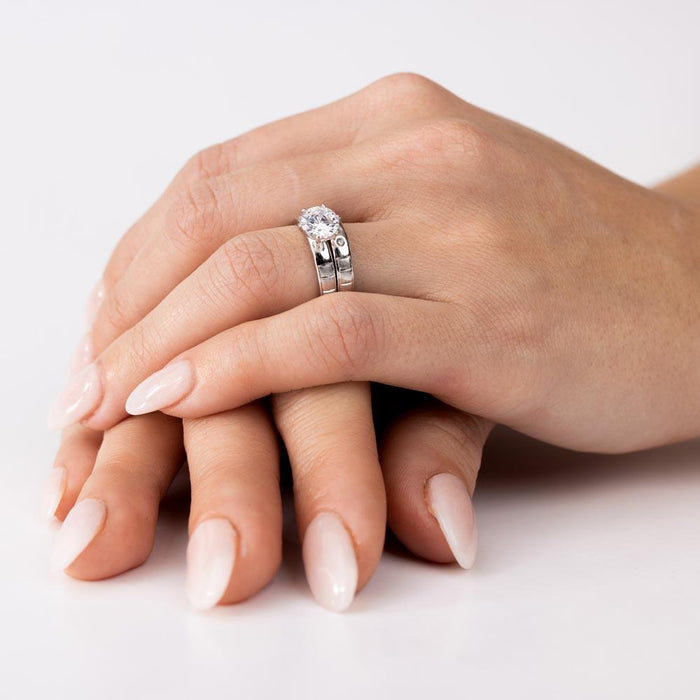 Rhodium Plated 925 Sterling Silver Moissanite or CZ Line Shank Design Bridal Trios Ring - MGMR00188