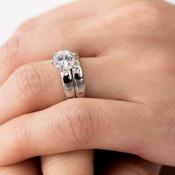 Rhodium Plated 925 Sterling Silver Moissanite or CZ Line Shank Design Bridal Trios Ring - MGMR00188