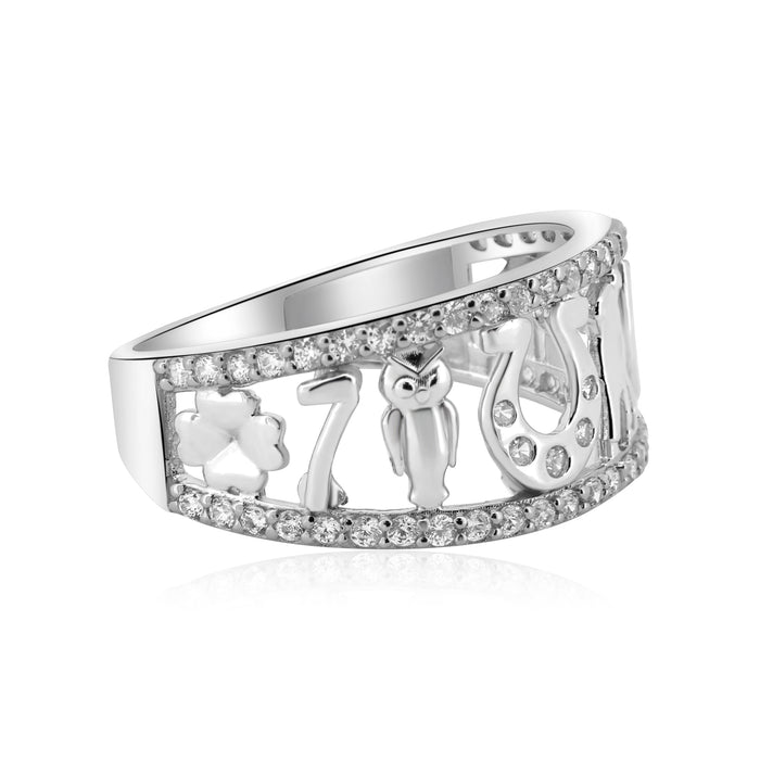 Rhodium Plated 925 Sterling Silver Moissanite or CZ Lucky Symbols Ring - MGMR00363