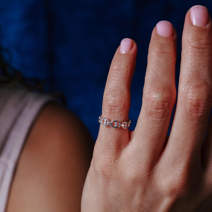 Rhodium Plated 925 Sterling Silver Moissanite or CZ Mariner Design Link Ring - MGMR00366