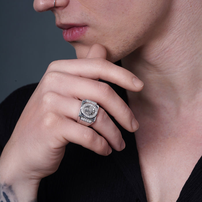 Rhodium Plated 925 Sterling Silver Moissanite or CZ Men's Malverde Ring - MGMR00419