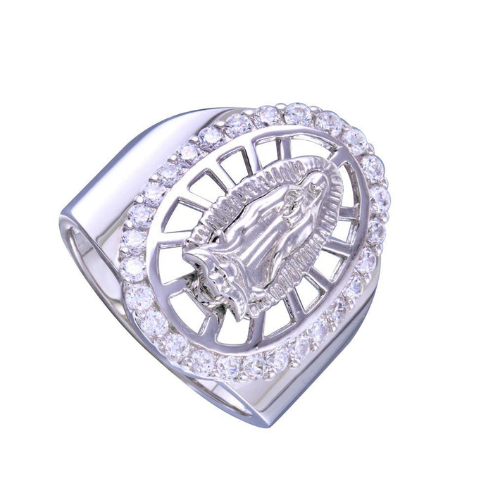 Rhodium Plated 925 Sterling Silver Moissanite or CZ Oval Lady of Guadalupe Center Ring - MGMR00256RH