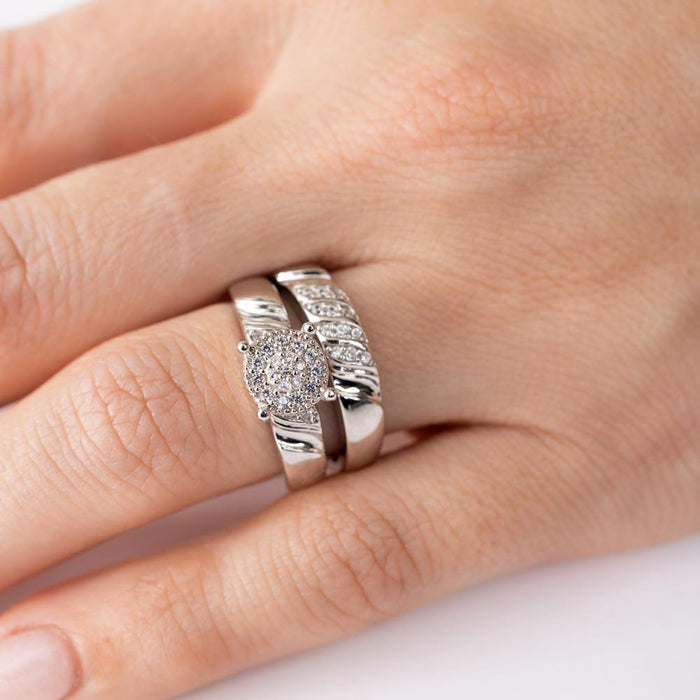 Rhodium Plated 925 Sterling Silver Moissanite or CZ Sideway Stone Design Cluster Center Wedding Ring - MGMR00164