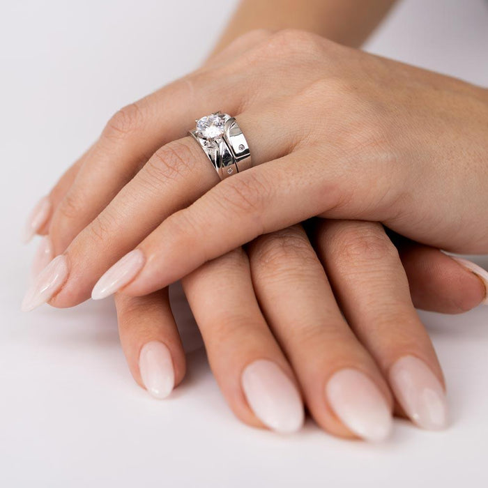 Rhodium Plated 925 Sterling Silver Moissanite or CZ Sideways Design Matte Finish Trio Ring - MGMR00194