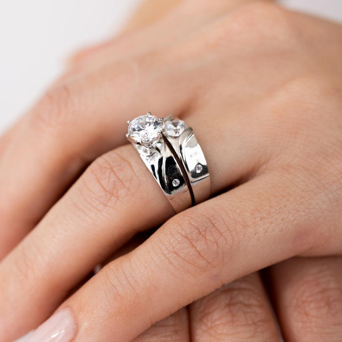 Rhodium Plated 925 Sterling Silver Moissanite or CZ Sideways Design Matte Finish Trio Ring - MGMR00194