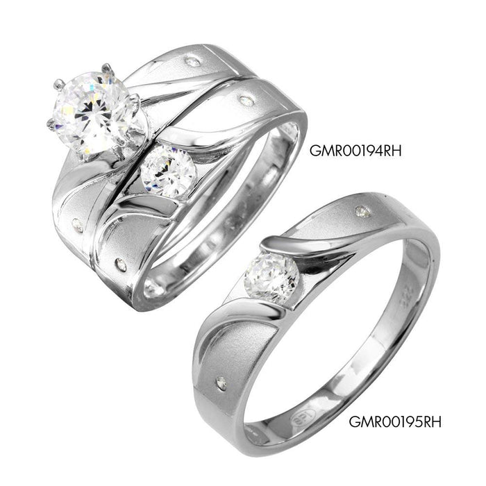 Rhodium Plated 925 Sterling Silver Moissanite or CZ Sideways Design Matte Finish Trio Ring - MGMR00194