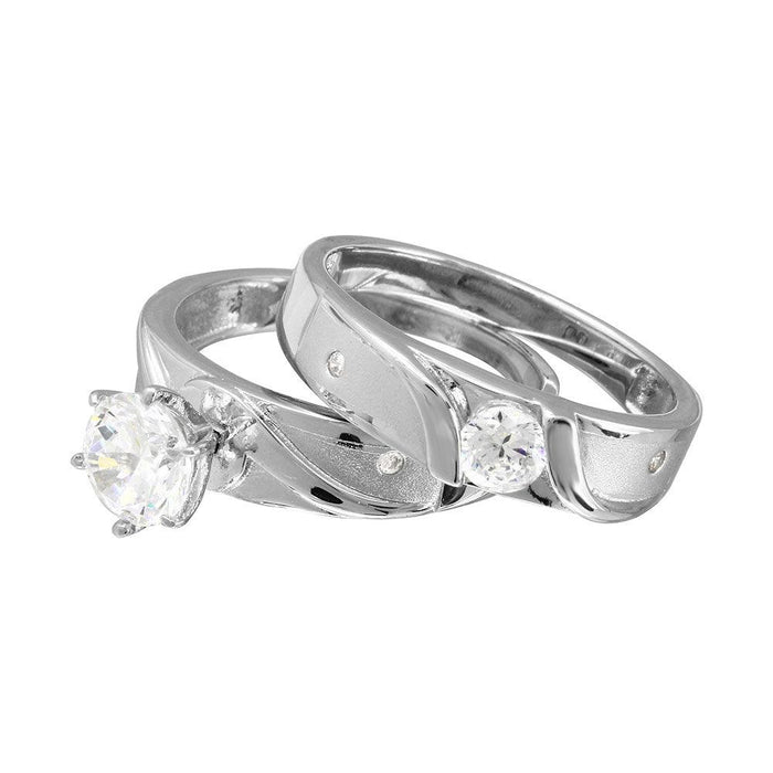 Rhodium Plated 925 Sterling Silver Moissanite or CZ Sideways Design Matte Finish Trio Ring - MGMR00194