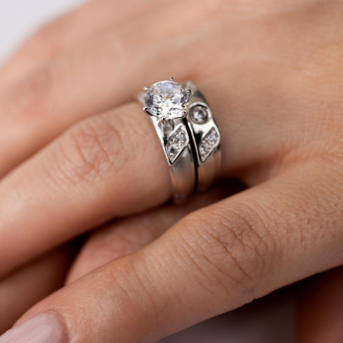 Rhodium Plated 925 Sterling Silver Moissanite or CZ Slash Trios Bridal Ring - MGMR00192