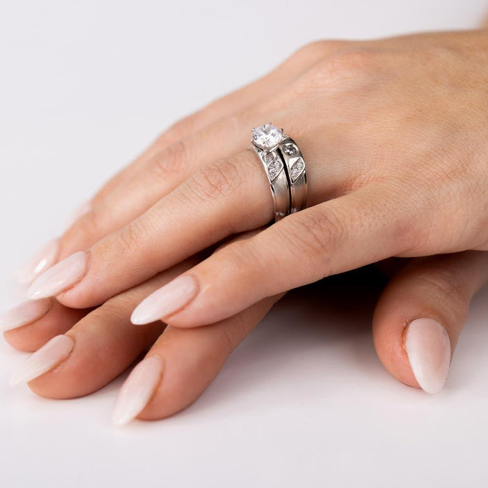Rhodium Plated 925 Sterling Silver Moissanite or CZ Slash Trios Bridal Ring - MGMR00192