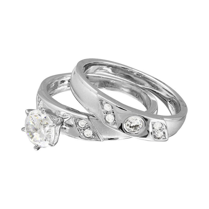 Rhodium Plated 925 Sterling Silver Moissanite or CZ Slash Trios Bridal Ring - MGMR00192