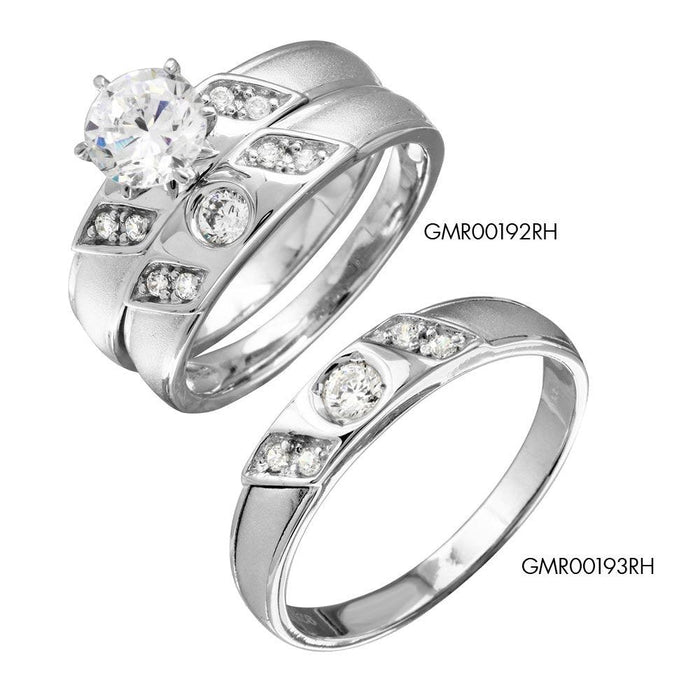 Rhodium Plated 925 Sterling Silver Moissanite or CZ Slash Trios Bridal Ring - MGMR00192