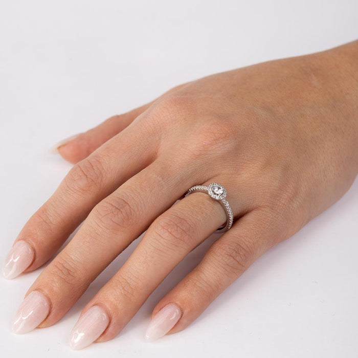 Rhodium Plated 925 Sterling Silver Moissanite or CZ Small Size Halo Ring - MGMR00127