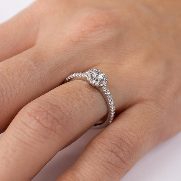 Rhodium Plated 925 Sterling Silver Moissanite or CZ Small Size Halo Ring - MGMR00127