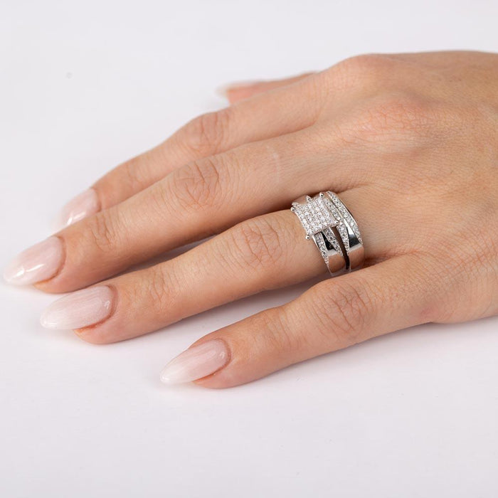 Rhodium Plated 925 Sterling Silver Moissanite or CZ Square Pave Center Trio Bridal Ring - MGMR00160