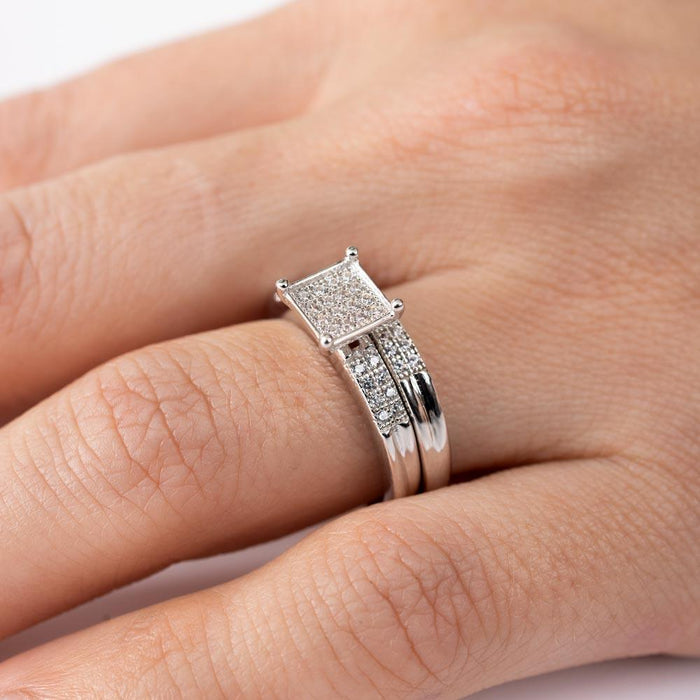 Rhodium Plated 925 Sterling Silver Moissanite or CZ Square Pave Center Trio Bridal Ring - MGMR00170