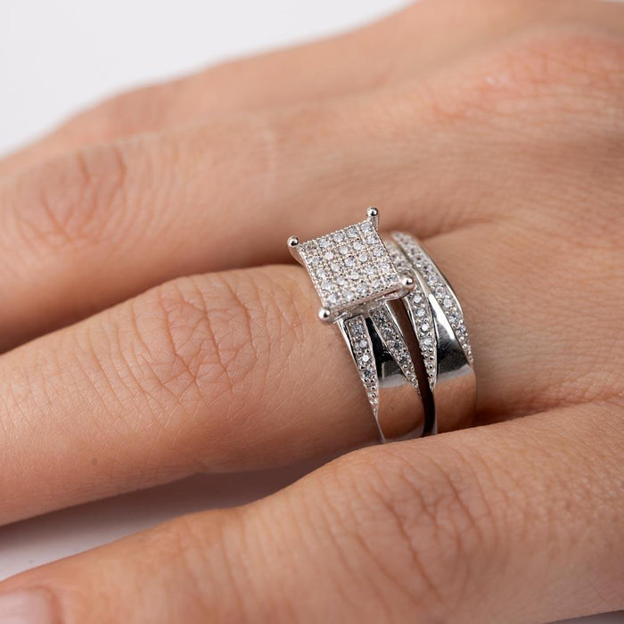 Rhodium Plated 925 Sterling Silver Moissanite or CZ Square Pave Center Trio Bridal Ring - MGMR00160