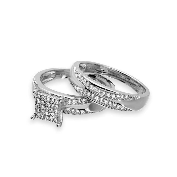 Rhodium Plated 925 Sterling Silver Moissanite or CZ Square Pave Center Trio Bridal Ring - MGMR00160