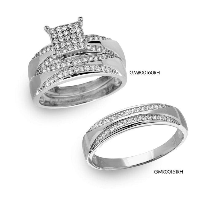 Rhodium Plated 925 Sterling Silver Moissanite or CZ Square Pave Center Trio Bridal Ring - MGMR00160