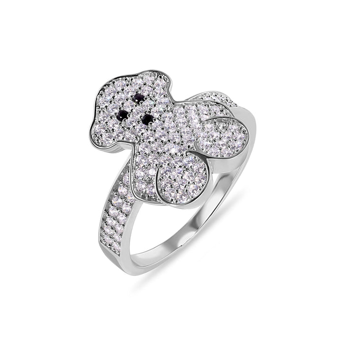 Rhodium Plated 925 Sterling Silver Moissanite or CZ Teddy Bear Clear Studded 15.5mm Ring - MGMR00407