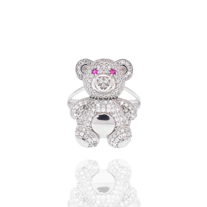 Rhodium Plated 925 Sterling Silver Moissanite or CZ Teddy Bear Ring - MGMR00447