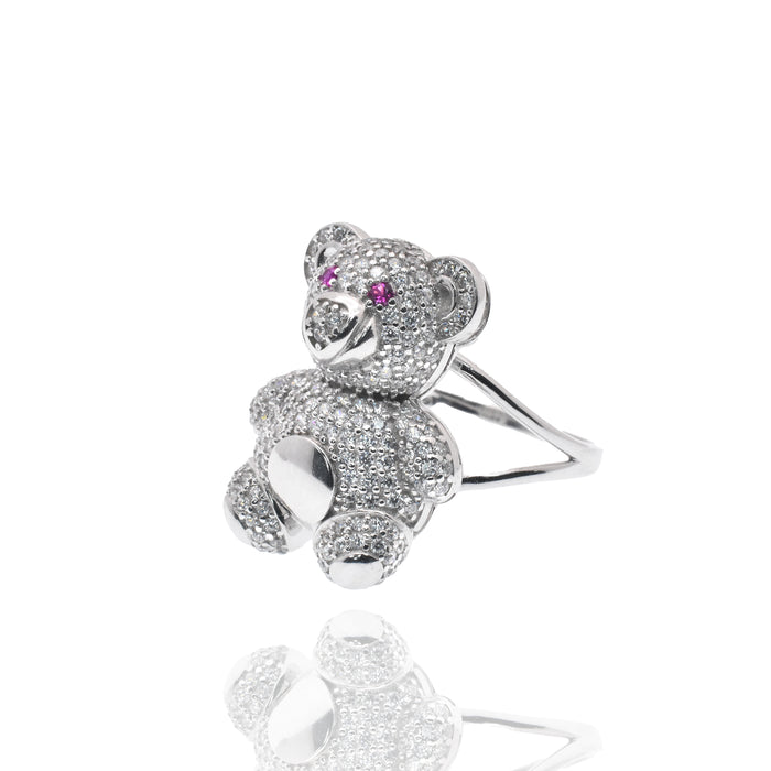Rhodium Plated 925 Sterling Silver Moissanite or CZ Teddy Bear Ring - MGMR00447