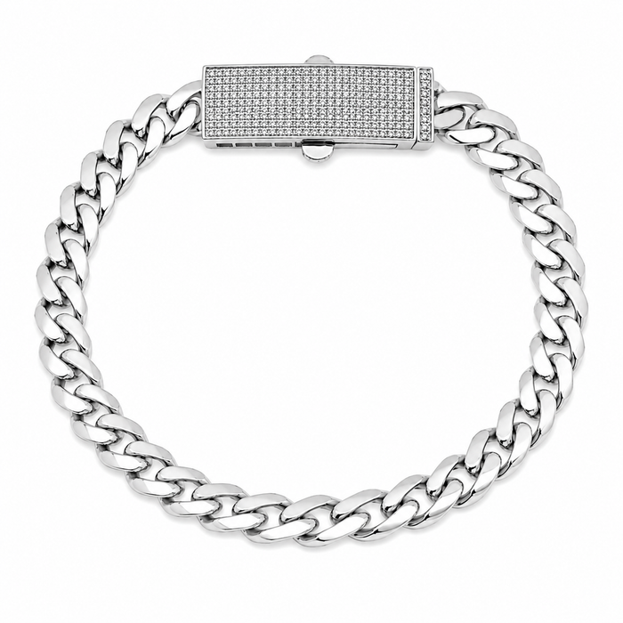 Rhodium Plated 925 Sterling Silver Moissanite Pave Bar Lock Cuban Link 8mm Bracelet - MTGB00016