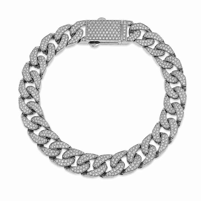 Rhodium Plated 925 Sterling Silver Moissanite Pave Flat Cuban Link 10mm Bracelet - MTGB00010