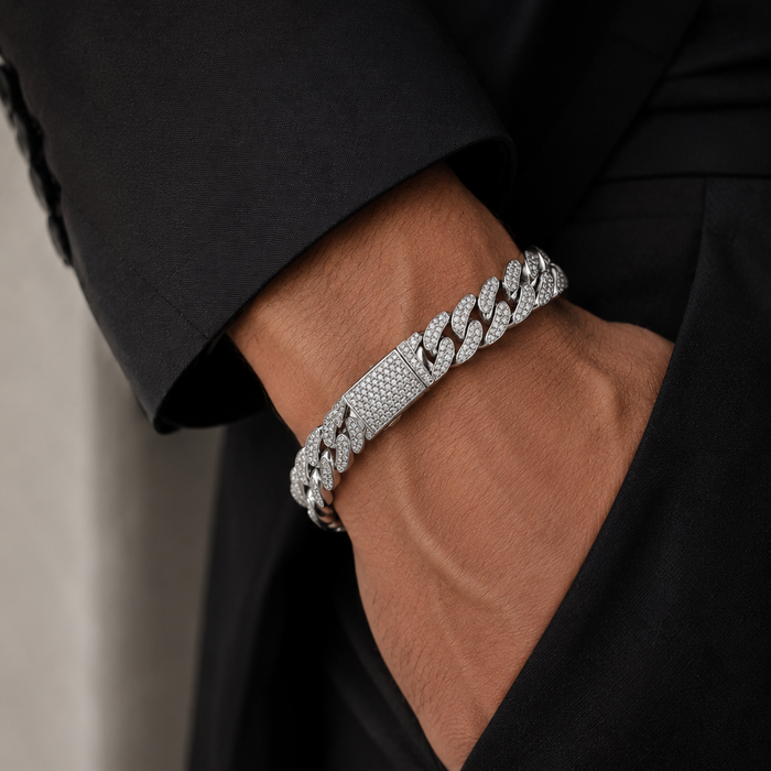 Rhodium Plated 925 Sterling Silver Moissanite Pave Flat Cuban Link 10mm Bracelet - MTGB00010