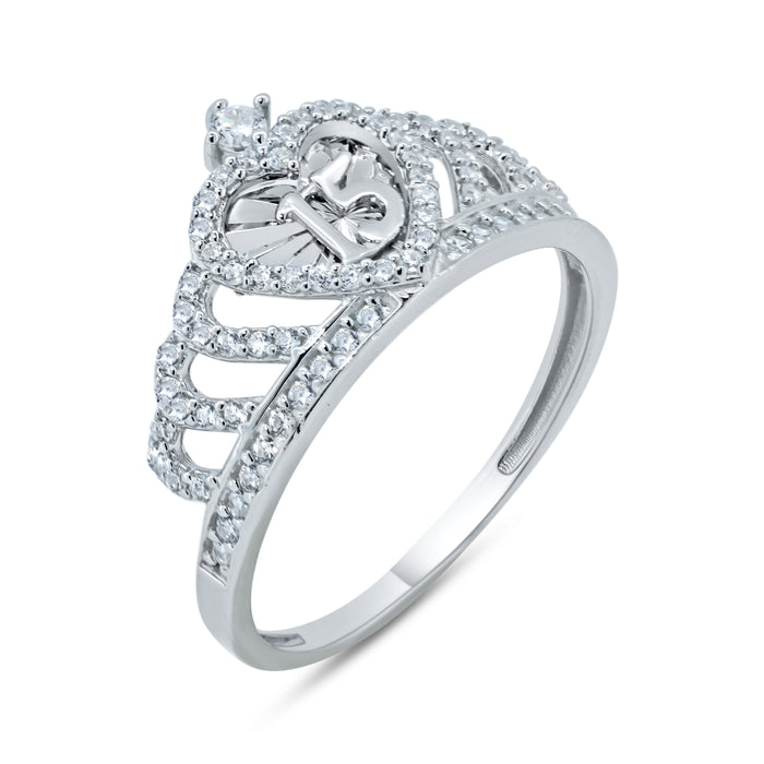 Rhodium Plated 925 Sterling Silver Moissanite Quinceanera Heart Crown Ring - MGMR00356
