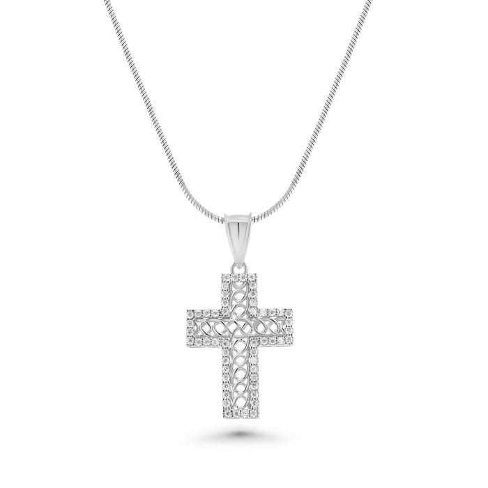 Rhodium Plated 925 Sterling Silver Moissanite Rope Design Cross Pendant - MGMP00006