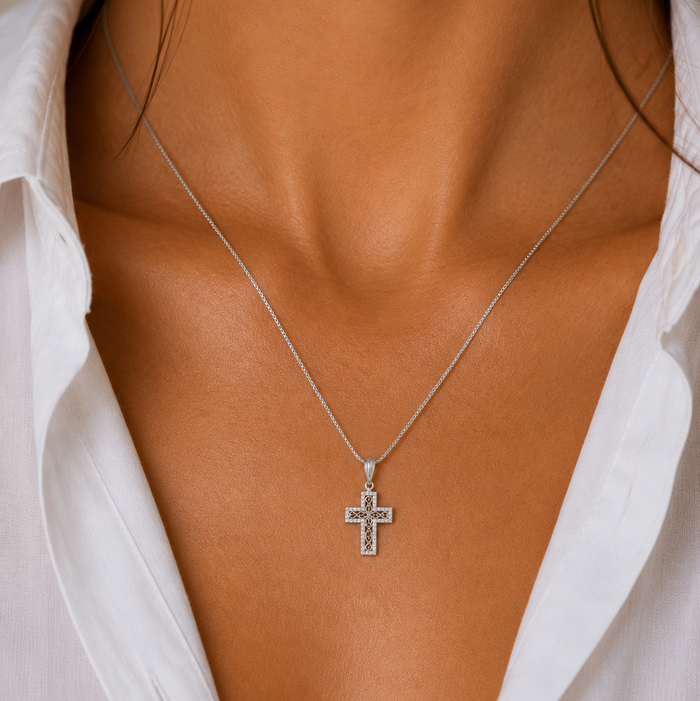 Rhodium Plated 925 Sterling Silver Moissanite Rope Design Cross Pendant - MGMP00006