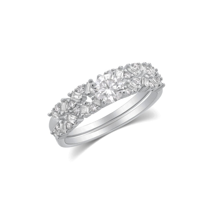 Rhodium Plated 925 Sterling Silver Moissanite Round Solitaire Center Double Band Ring - MGMR00062