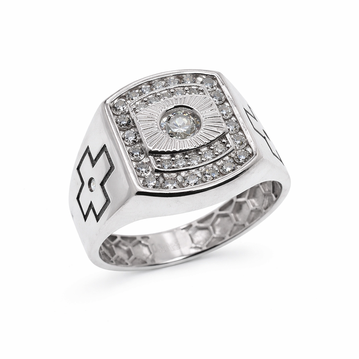 Rhodium Plated 925 Sterling Silver Moissanite Square Halo Men's Statement Ring - MGMR00046
