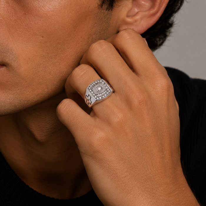 Rhodium Plated 925 Sterling Silver Moissanite Square Halo Men's Statement Ring - MGMR00046