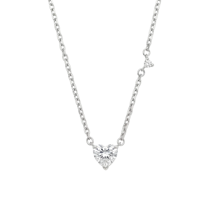 Rhodium Plated 925 Sterling Silver Moissanite Stone Heart with Side Stone Accent Necklace - MGMN00029