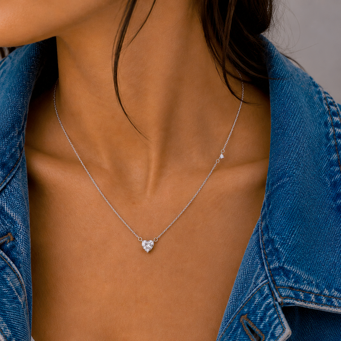 Rhodium Plated 925 Sterling Silver Moissanite Stone Heart with Side Stone Accent Necklace - MGMN00029