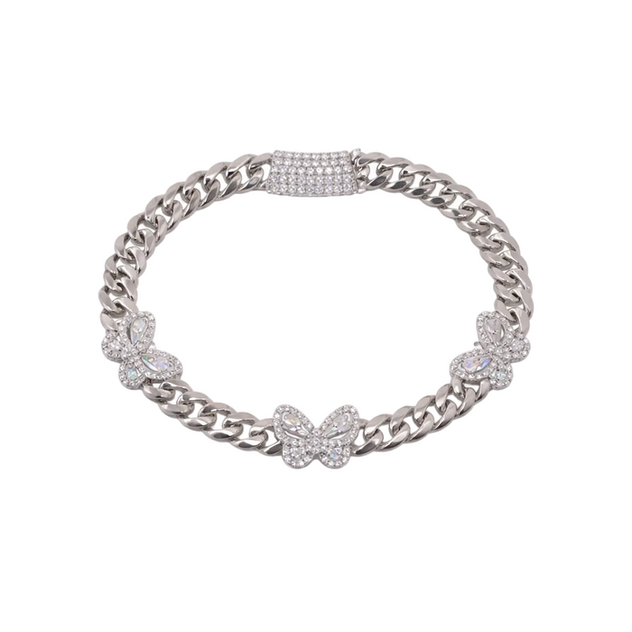 Rhodium Plated 925 Sterling Silver Moissanite Stone Multi Butterfly Cuban Link Bracelet - MGMB00114