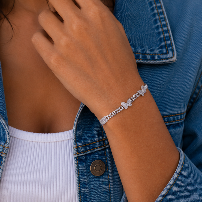 Rhodium Plated 925 Sterling Silver Moissanite Stone Multi Butterfly Cuban Link Bracelet - MGMB00114