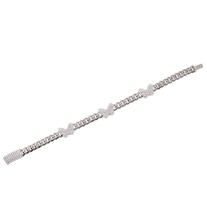 Rhodium Plated 925 Sterling Silver Moissanite Stone Multi Butterfly Cuban Link Bracelet - MGMB00114