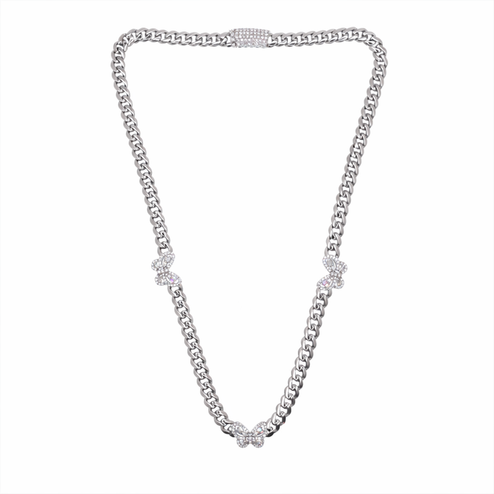 Rhodium Plated 925 Sterling Silver Moissanite Stone Multi Butterfly Cuban Link Necklace - MGMN00012-17