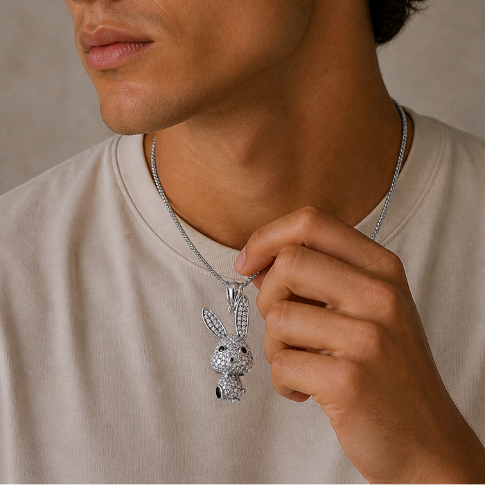 Rhodium Plated 925 Sterling Silver Moissanite Whimsical Rabbit Pendant - MGMP00019