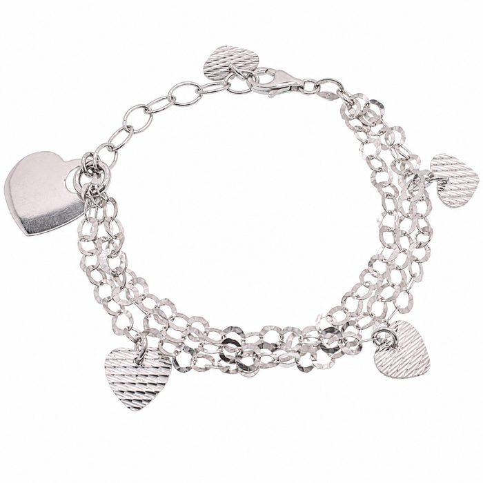 Rhodium Plated 925 Sterling Silver Multi Strand & Hearts Dangling Charm Bracelet - B00022