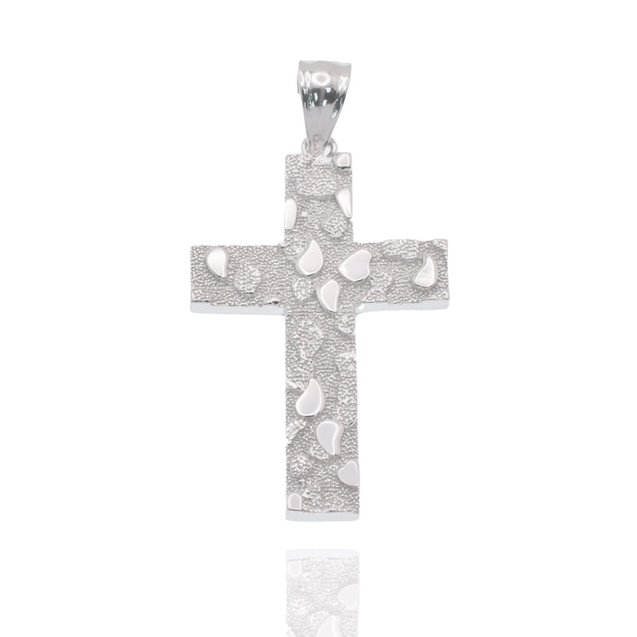 Rhodium Plated 925 Sterling Silver Nugget Cross 23.5mm x 35.3mm Pendant - GMP00208