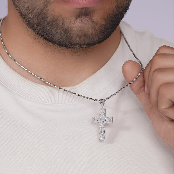 Rhodium Plated 925 Sterling Silver Nugget Cross 23.5mm x 35.3mm Pendant - GMP00208