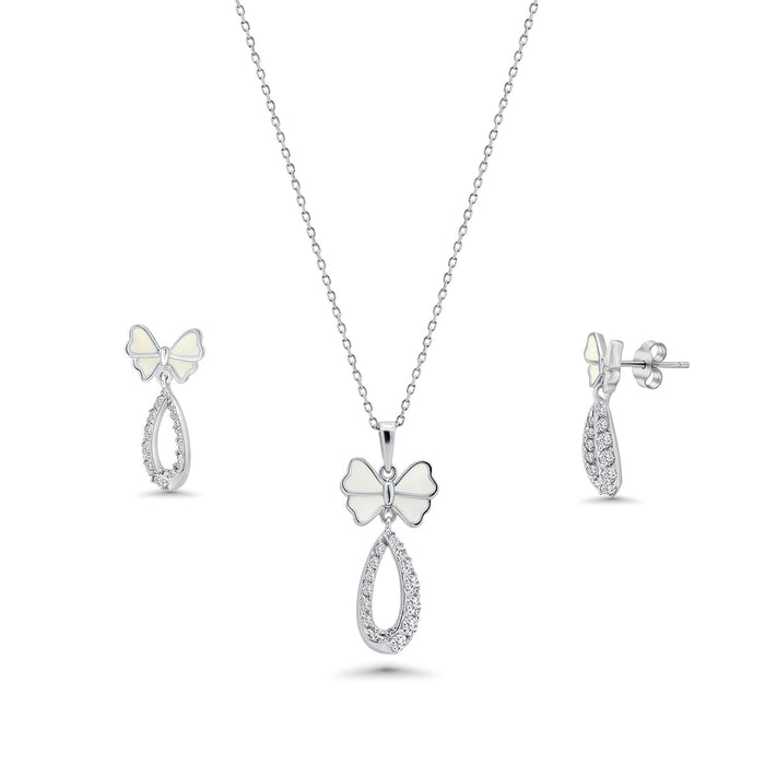 Silver 925 Rhodium Plated Open Butterfly Teardrop Clear CZ Hanging Set - BGS00216 | Silver Palace Inc.