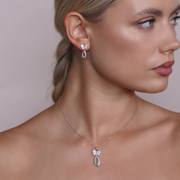 Silver 925 Rhodium Plated Open Butterfly Teardrop Clear CZ Hanging Set - BGS00216 | Silver Palace Inc.
